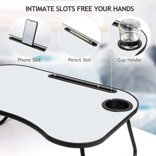 Portable Laptop Desk, Gray And White Matte Metal And Wood Construction, Foldable Design With Cup Holder, 26.5 X 18.5 Inches, For Bed, Car, Couch, Home & Outdoor Use (Grey+White Matte)