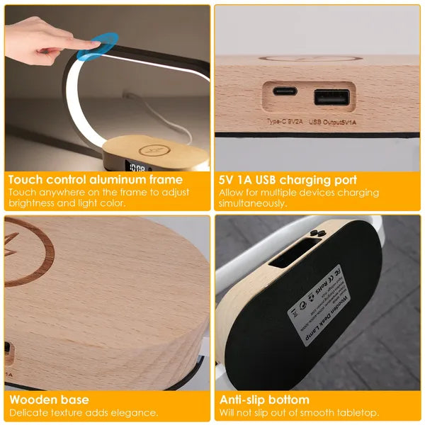 Bedside Table Lamp Touch Control Lamp With Clock Wireless Charging LED Desk Lamp Dimmable Nightstand Reading Lamp